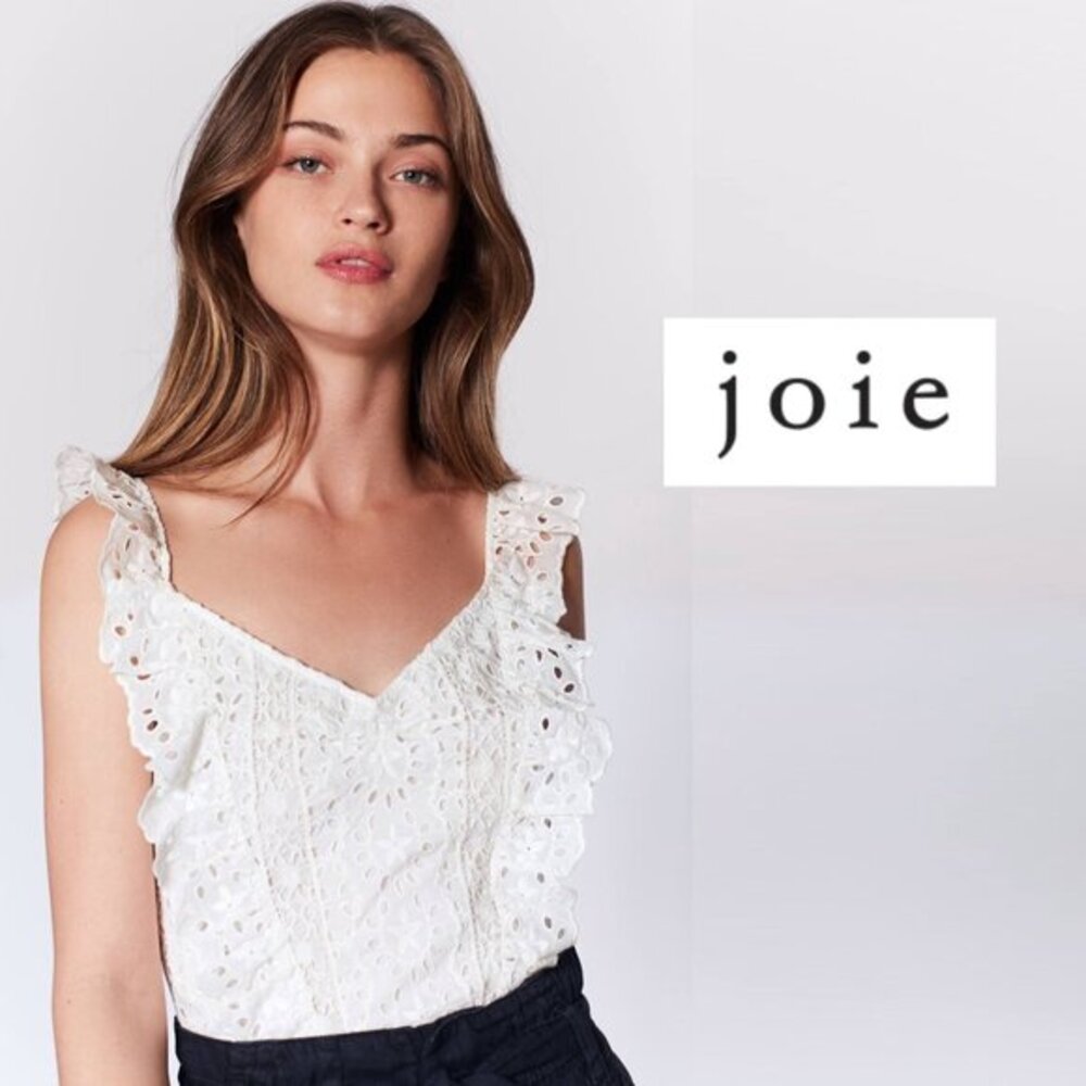 Joie Sleeveless Tank Top Blouse White Eyelet Top Captina V Neck Ruffle Trim